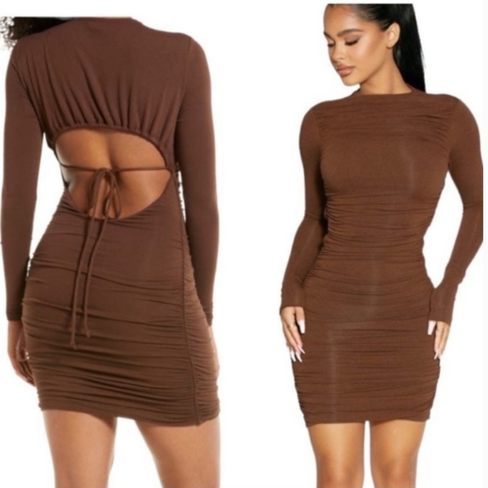 Naked Wardrobe ruched long sleeve open back mini dress in brown; new without tag